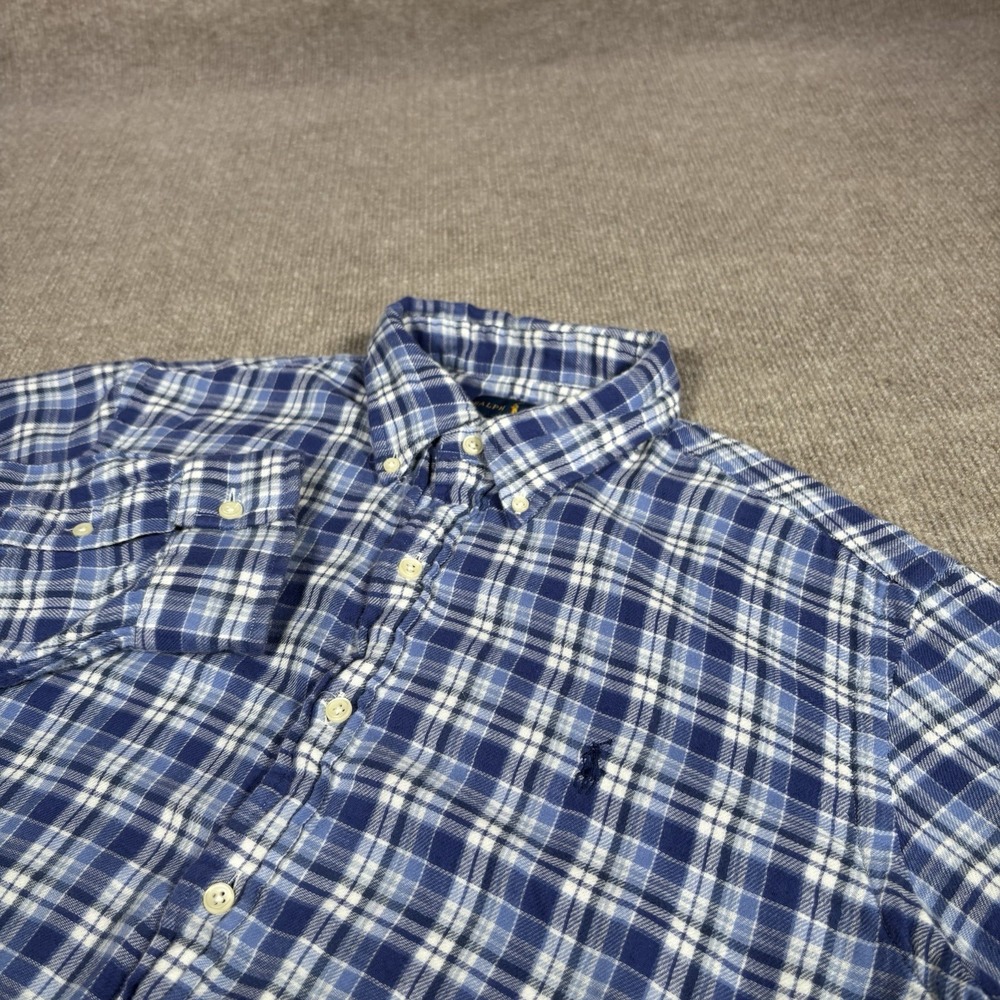 Polo Ralph Lauren Shirt Mens L Blue Plaid Flannel Lightweight Long Sleeve Logo‎